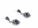 Silver Marcasite & Onyx Flower Drop Stud Earrings