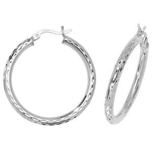 Silver Round Diamond Cut Hoop Earrings 15mm