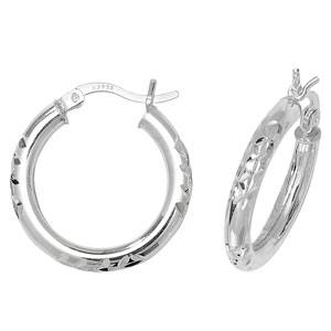 Silver Diamond Cut Round Hoop Earrings 15mm