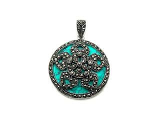 Silver Round Created Turquoise & Marcasite Pendant
