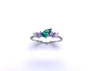Silver Dark Green Lilac & Clear CZ Fancy Ring
