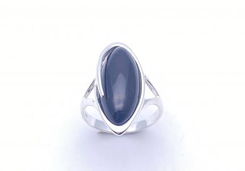 Silver Oval Black Whitby Jet Ring Size P