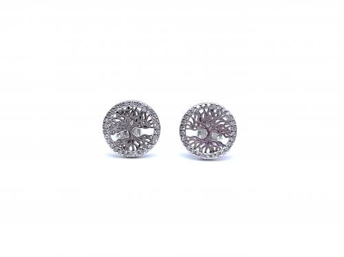 Silver CZ Round Tree Of Life Stud Earrings