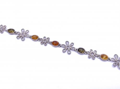 Silver Multi Stone Amber Flower Bracelet