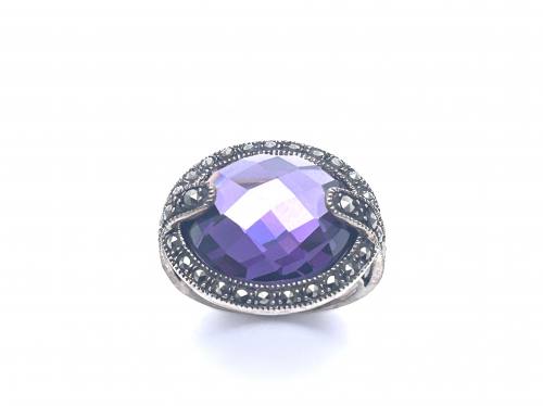 Silver Marcasite & Purple CZ Fancy Ring Size N