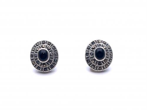 Silver Marcasite & Onyx Oval Stud Earrings