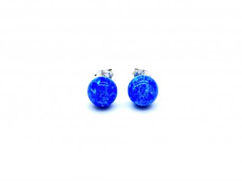 Silver Blue Created Opal Ball Stud Earrings