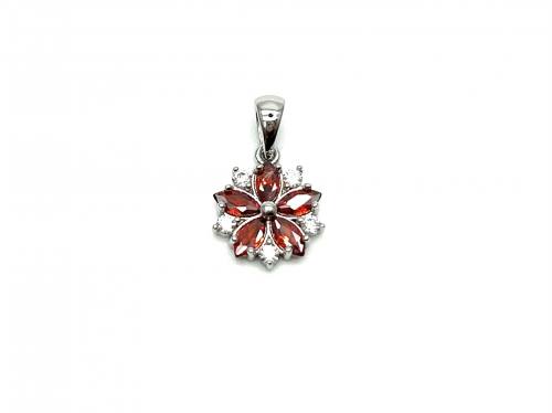 Silver Red & White CZ Flower Cluster Pendant