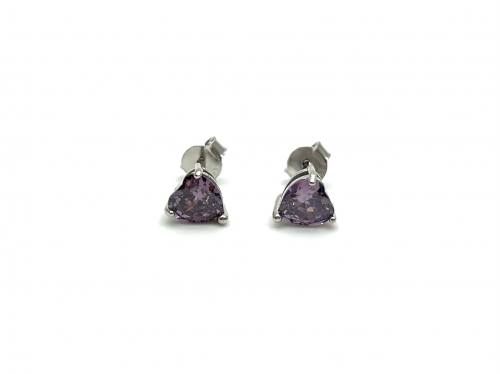 Silver Purple CZ Heart Stud Earrings