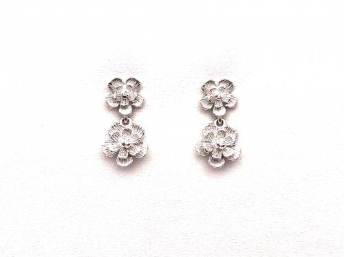 Silver Double Flower Drop Stud Earrings