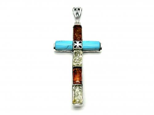 Silver Amber & Created Turquoise Cross Pendant