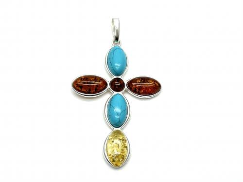 Silver Amber & Created Turquoise Cross Pendant