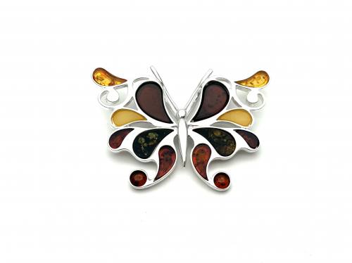 Silver Amber Butterfly Pendant 59x44mm