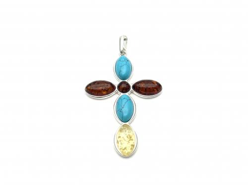 Silver Amber & Turquoise Cross Pendant 61x36mm