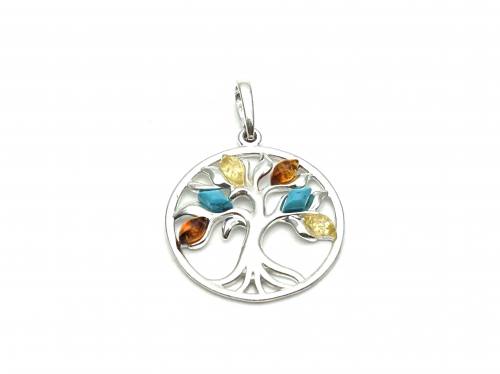 Silver Amber & Turquoise Tree Of Life Pendant