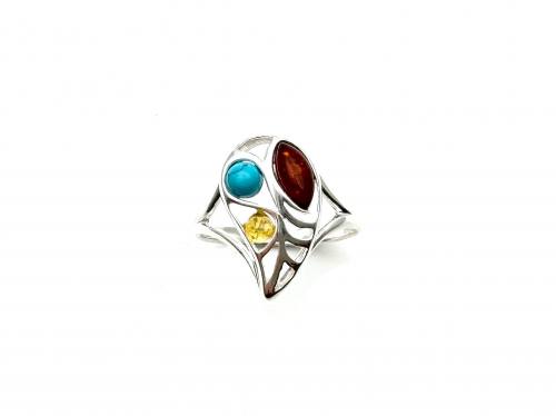 Silver Amber & Turquoise Leaf Ring Size R