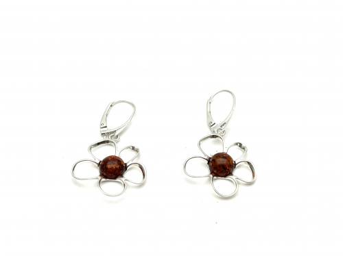 Silver Amber Flower Drop Earrings 41x22mm