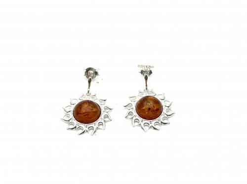 Silver Cognac Amber Flower Stud Earrings 23x19mm