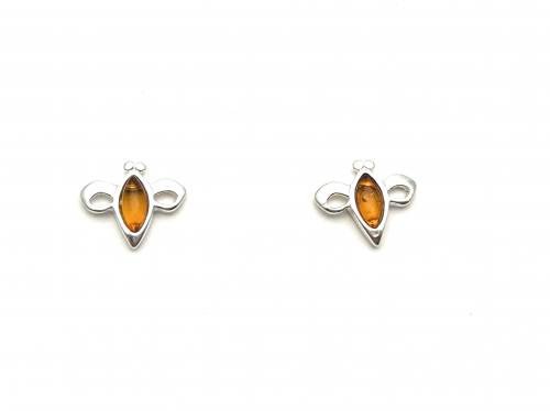 Silver Amber Bee Stud Earrings 12x11mm