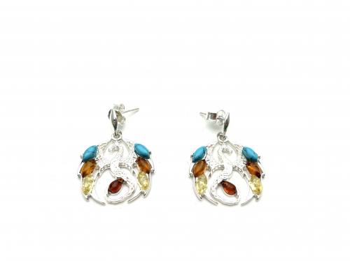Silver Amber Turquoise Dragon Earrings 29x22mm