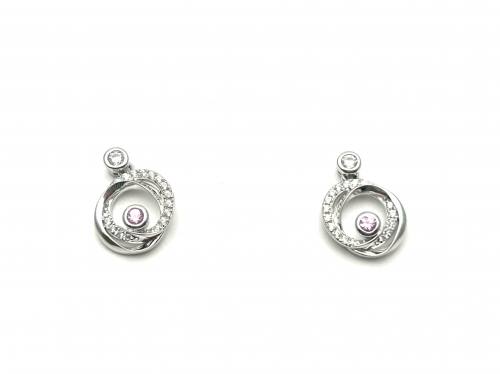 Silver Pink Sapphire & CZ Circle Stud Earrings