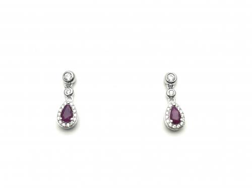 Silver Ruby and CZ Drop Stud Earrings