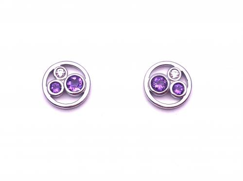 Silver Amethyst and CZ Round Earrings 10mm