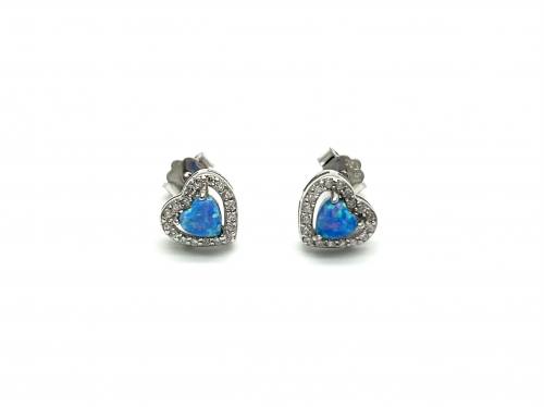 Silver Blue Created Opal & CZ Heart Stud Earrings