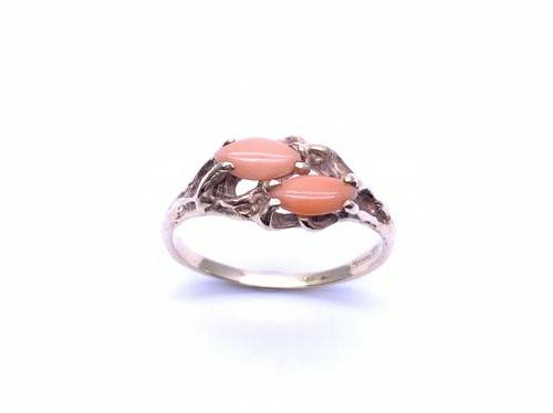 9ct Yellow Gold Coral 2 Stone Ring