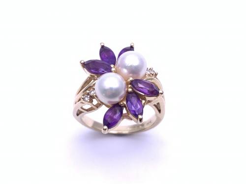 14ct Pearl, Amethyst & Diamond Ring