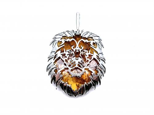 Silver Amber Lion Head Pendant