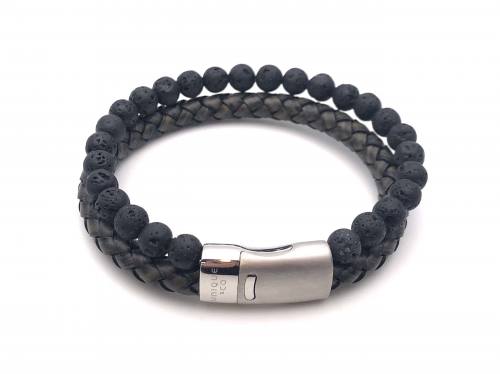 Black Leather & Lava Bead Bracelet Magnetic Clasp