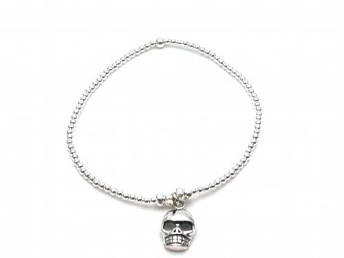 Silver Elasticated Bead Bracelet With Skull Charm