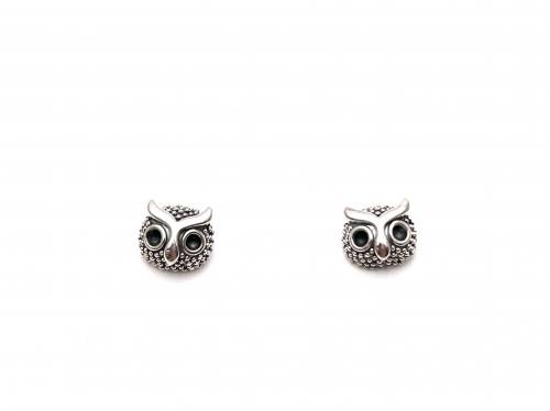 Silver Owl Face Stud Earrings