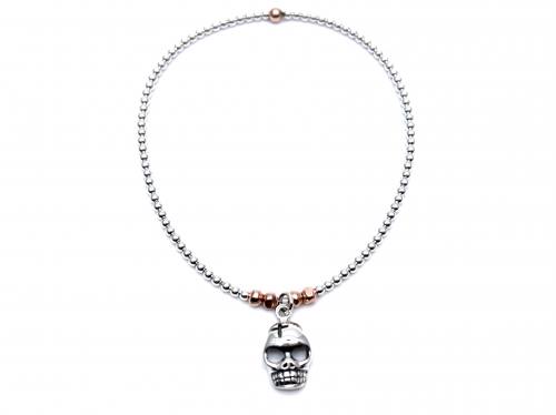 Silver Elasticated Rose Plated Bead Skull Bracelet