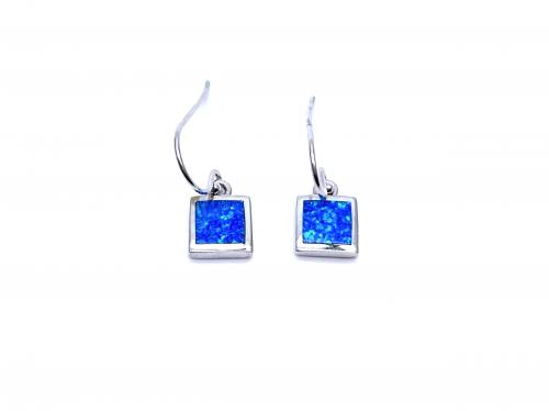 Silver Blue Created Opal Square Drop Earrings