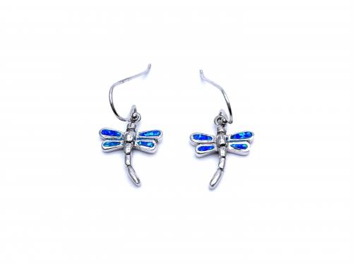 Silver Blue Created Opal Dragonfly Drop Earrings