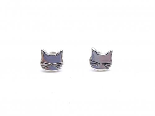 Silver Cat Face Stud Earrings