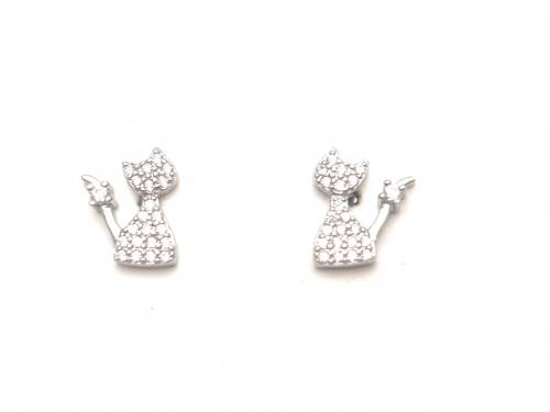 Silver CZ Abstract Cat Earring Studs