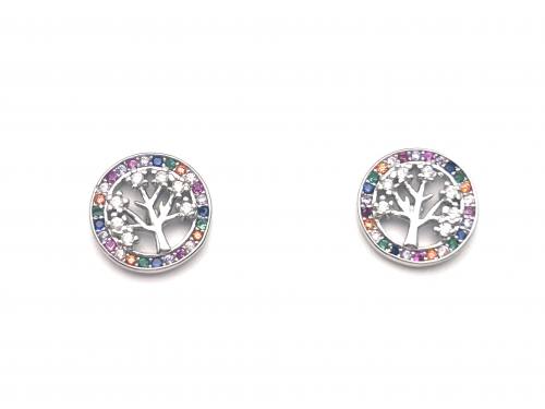 Silver Multi coloured CZ Tree Of Life Earrings