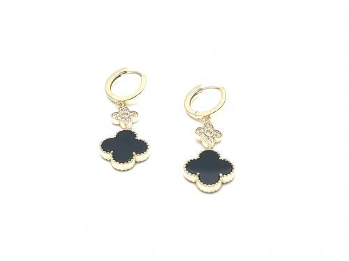 Silver Gold Plated Black Stone Clover Earrings
