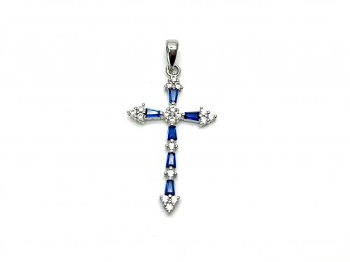 Silver Blue & White CZ Cluster Cross Pendant