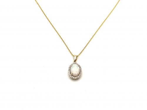 9ct White Gold Opal & Diamond Pendant & Chain