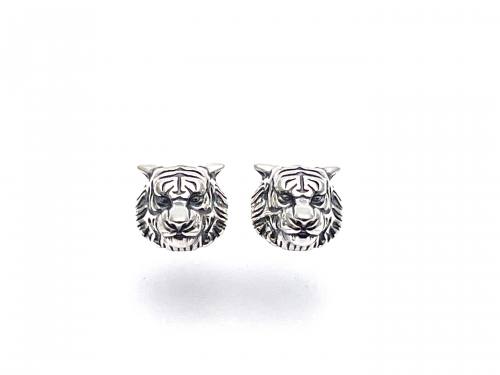 Silver Tiger Face Stud Earrings