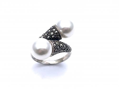 Silver Marcasite Pearl Ring Size N
