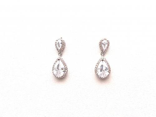 Silver Pear Shaped CZ Drop Stud Earrings
