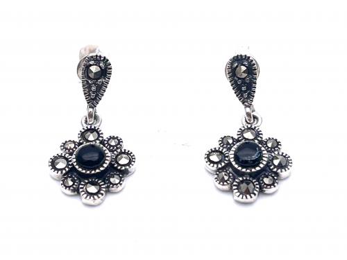 Silver Marcasite & Onyx Flower Drop Stud Earrings