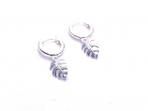 Silver Hoop Earrings With Palm Leaf Drop Charm
