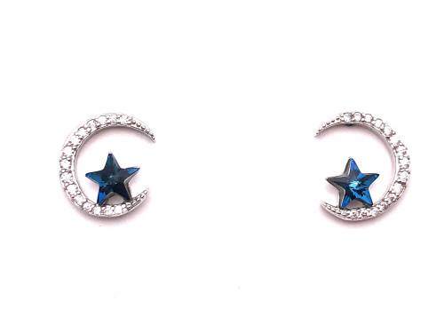 Silver CZ Crescent Moon & Star Stud Earrings
