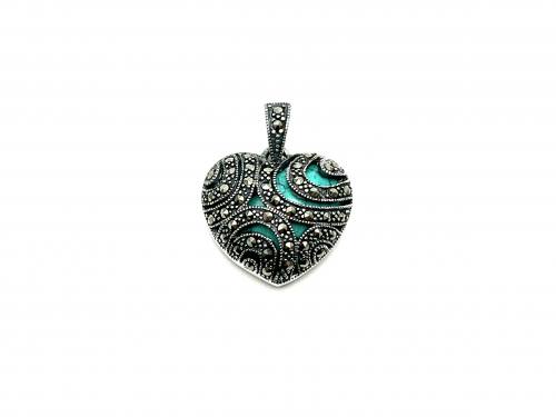 Silver Created Turquoise & Marcasite Heart Pendant